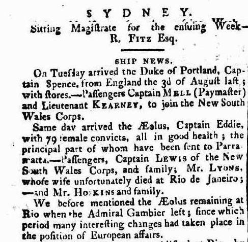 Arrival of the female convict ship Aeolus in Port Jackson in 1808 - Sydney Gazette 29 January 1809