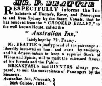 Francis Beattie - The Australian Inn, Newcastle - Sydney Gazette 21 October 1834