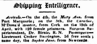 Arrival of the convict ship Caroline in 1833 - Sydney Monitor 7 August 1833
