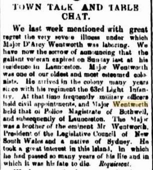 Obituary of Darcy Wentworth - Cornwall Chronicle 24 July 1861