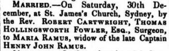 Marriage of Maria Ramus and Thomas H. Fowler - Colonial Times (Hobart, Tas. : 1828 - 1857) Tue 16 Jan 1838