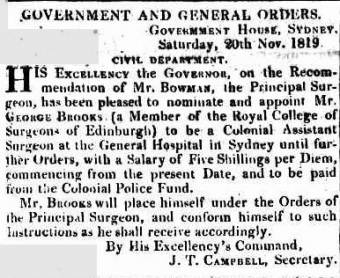 George Brooks appointed Assistant Surgeon - Sydney Gazette 20 November 1819