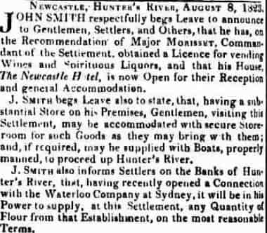 Opening of John Smith's Newcastle Inn in 1823 Sydney Gazeette 28 August 1823