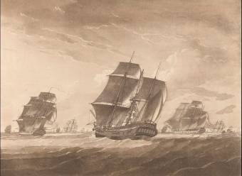 Plate II. The Lady Juliana in tow of the Pallas Frigate. The Sailors Fishing the main Mast which was shatter'd by Lightning Print Plate II. The Lady Juliana in tow of the Pallas Frigate. The Sailors Fishing the main Mast which was shatter'd by Lightning. John Harris; Robert Dodd (artist and engraver)