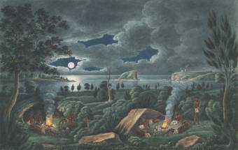 Aborigines resting by camp fire, near the mouth of the Hunter River, Newcastle by Joseph Lycett - National Library of Australia