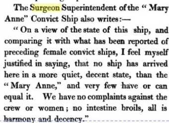 The female convicts on the Mary Anne in 1822 arrived in Port Jackson in a healthy state