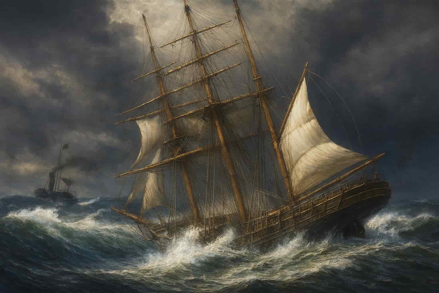 AI generated image of Barque Norham Castle Abandoned by the Steam Tug Mystery - from Illustrated Australian News 9 August 1875