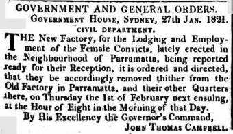 Notice re removal of women to the new Factory at Parramatta in 1821