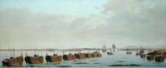 A Row of prison hulks in Portsmouth Harbour. Artist/Maker Garneray, Ambrose-Louis - National Maritime Museum