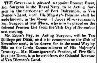 Appointment of Robert Espie to the position of Acting Surgeon at Port Dalrymple - Sydney Gazette 21 October 1820