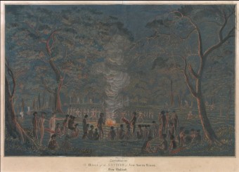 Corrobborree, or Dance of the Natives of New South Wales., 1820 by Walter Preston (engraver). Depicted second from left in this image is Burigon (d. 1821), a leader of the Awakabal people of the Newcastle and Lake Macquarie district - National Portrait Gallery
