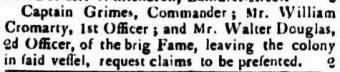 William Cromarty was employed as 1st Officer on the Fame in 1822