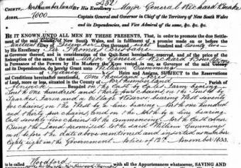 Grant of 1000 acres to William Cummings of Sydney